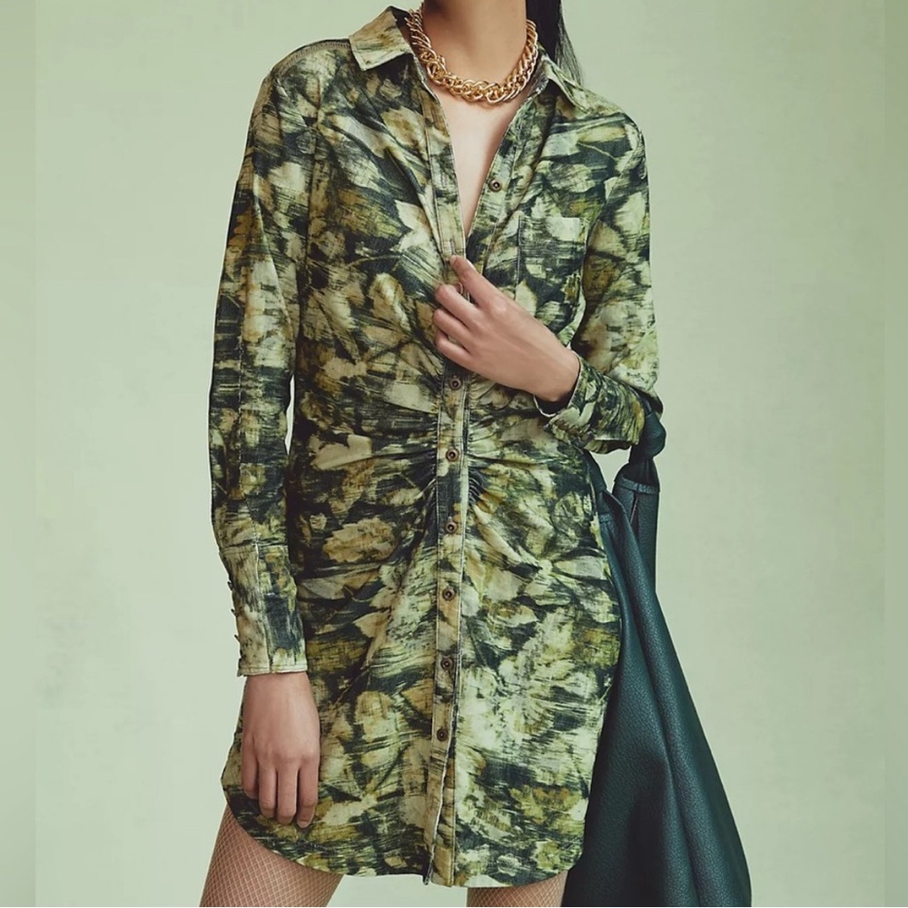 Anthropologie Pilcro Ruched Corduroy Floral Camo Dress